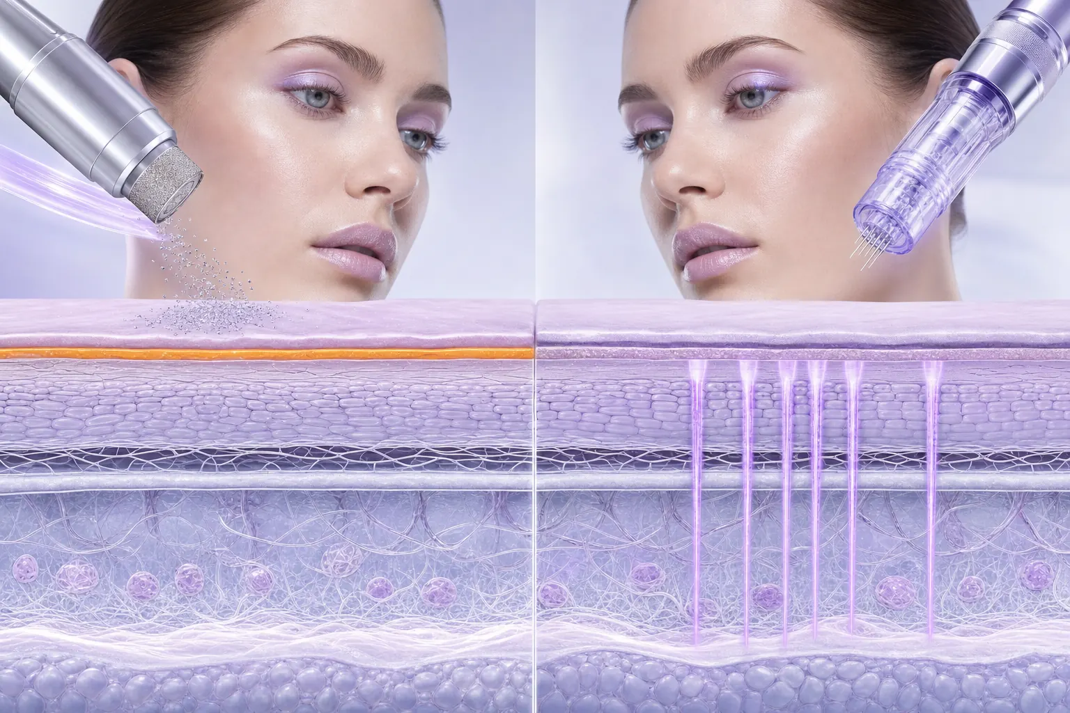 Mikrodermabrasion vs Microneedling Wirktiefe — Hautschichten Querschnitt Vergleich