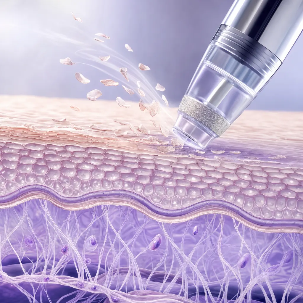 Mikrodermabrasion Funktionsprinzip — Querschnitt Hautschichten mit Diamantaufsatz